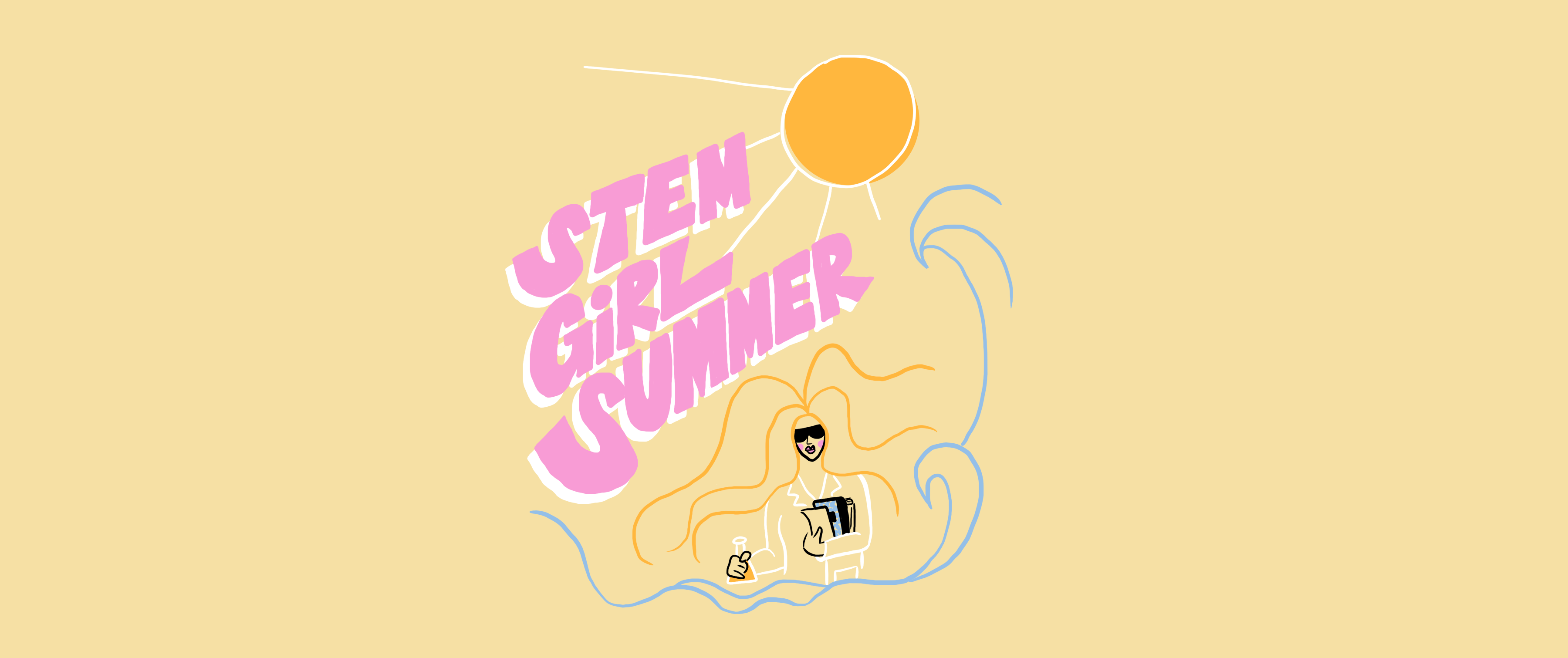 Yellow background with text "STEM Girl Summer" and a female scientist underneath